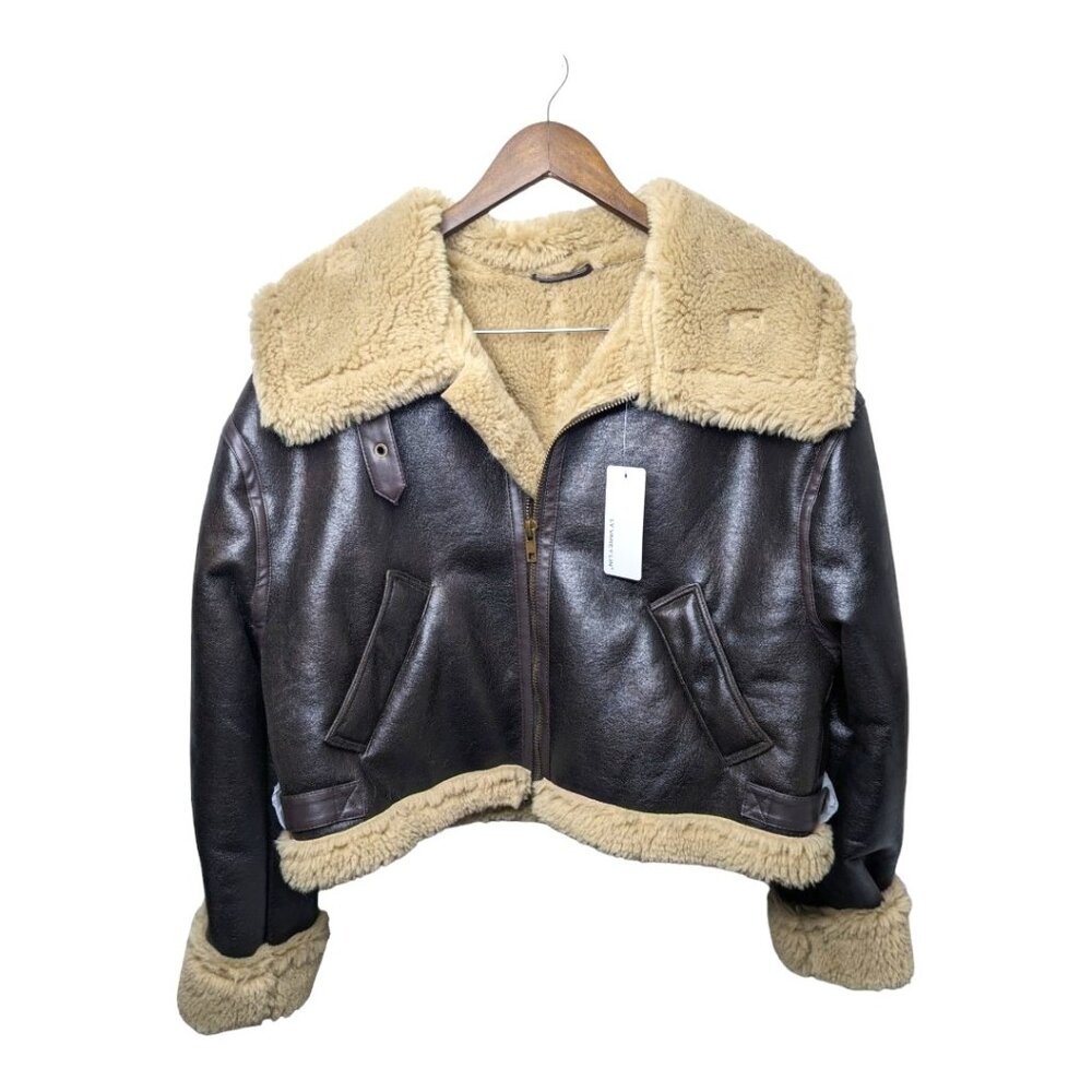 Classic Brown Shearling-Trim Leather Jacket - Women's